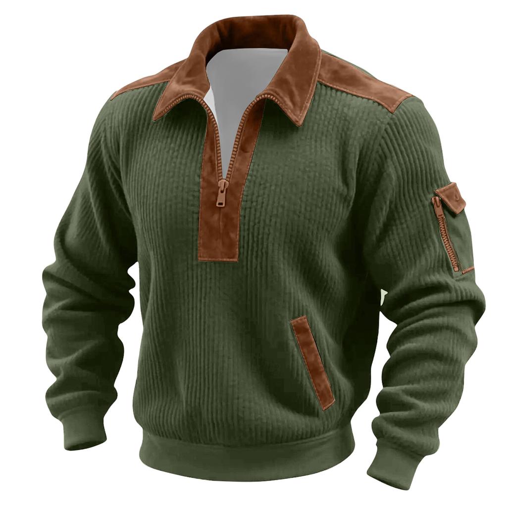 Men's Solid Color Corduroy Zipper Neck Long Sleeve Top Men's Casual Lapel Top