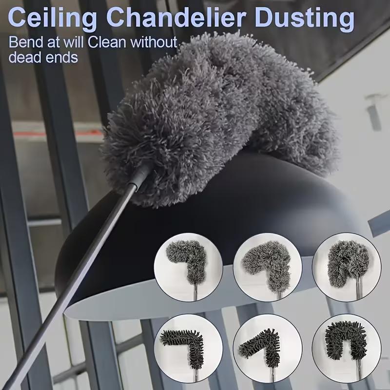 Extendable Microfiber Duster with Bendable Long Handle - Reusable for High Ceiling Fans, Furniture, Blinds & Car Cleaning, Metal