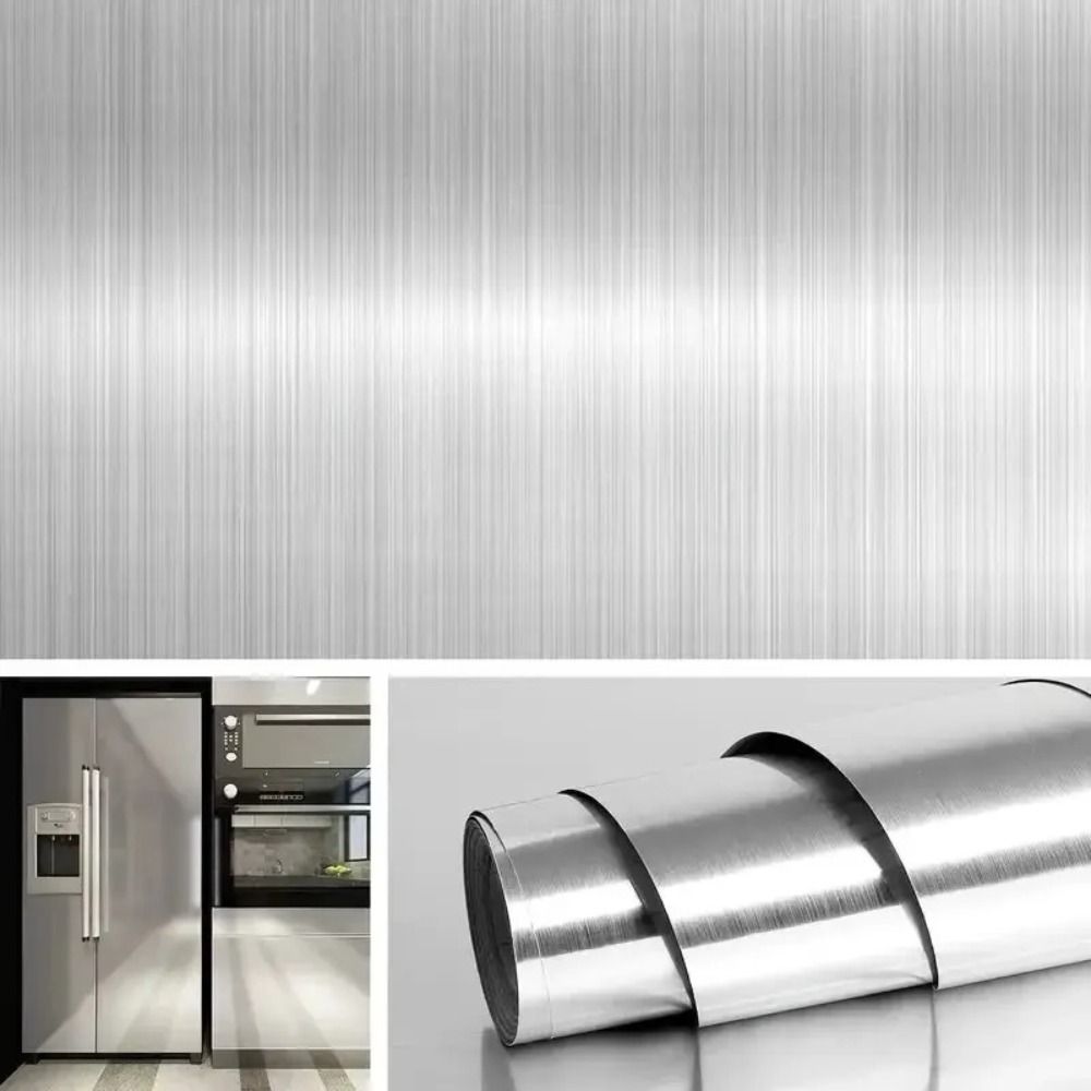 Waterproof Wallpaper Decor Film Stainless Brushed Silver Adhesive Wallpaper Refrigerator
