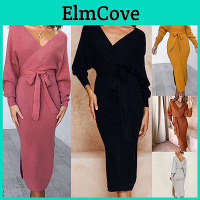 Elegant Women Winter Deep V-neck Knitted Sweater Dress With Cozy Long Sleeves