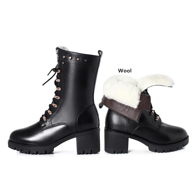 Women Boots Winter Mid-calf Boots Studded Women Marton Boots Genuine Leather Large Size Wool Warm Motorcycle Boots