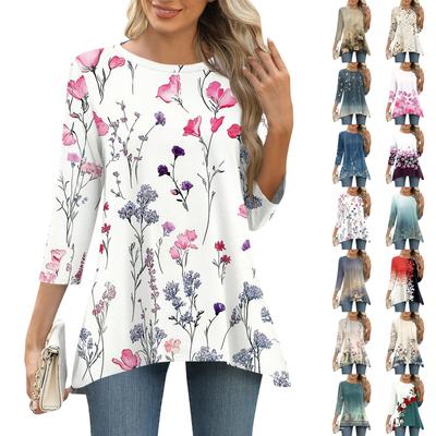 3/4 Sleeve Tunic Tops For Women Printed Daily Weekend Loose Fit  Fashion Basic Round Neck T Shirt
