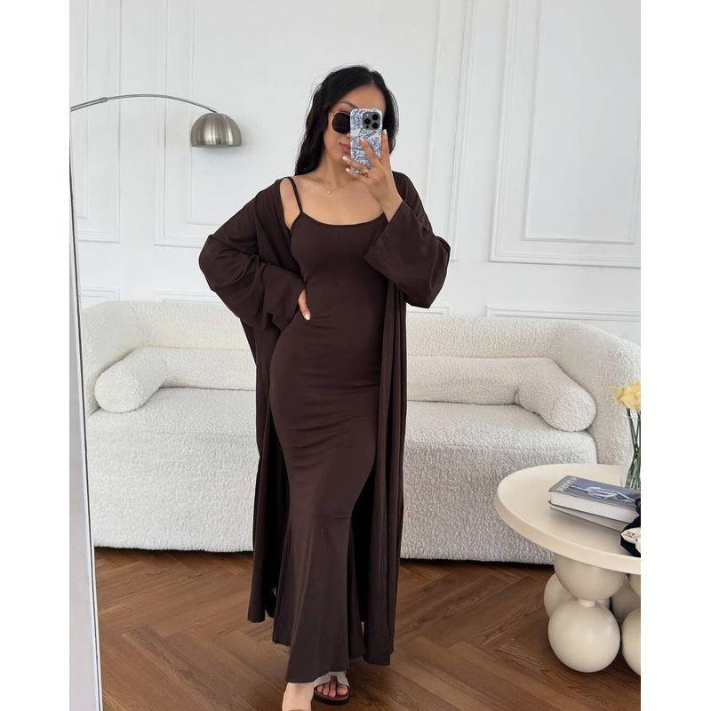 Western Style New Fashion Casual Loose Sling Dress Long dress Cardigan Outerwear Two-Piece Dress Set