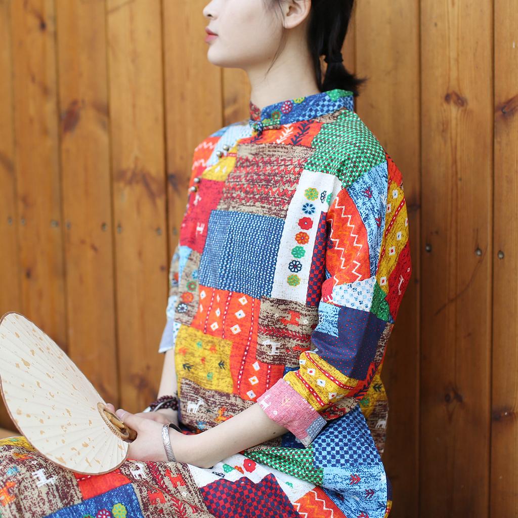 Johnature Women Vintage Patchwork Color Dress Stand Long Sleeve Spring A-Line Plaid Dresses