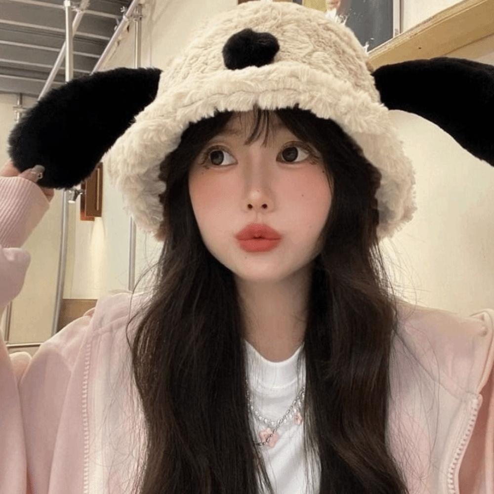 Winter Doggie Ear Bucket Hat Korean Women Plush Hats Cute Fluffy Puppy Ear Hat  Lady