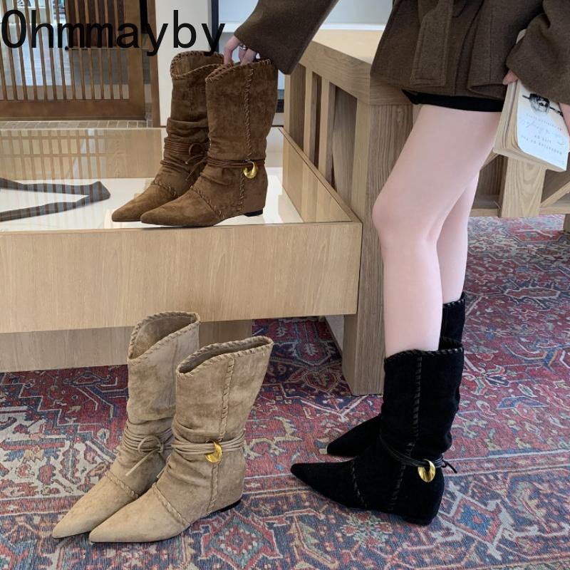 Autumn Winter Pleated Western Mid Calf Boots Women Designer Pointed Toe Internal Elevation Knight Botines De Mujer