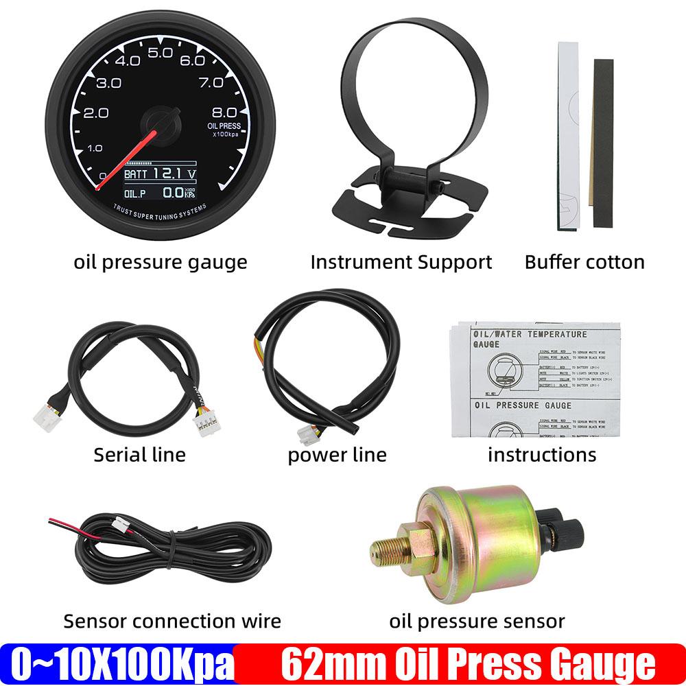 

ZMFJH Digital Pointer 62mm Oil Pressure Gauge with Sensor Holder Bracket 7 Color LED 0~10X100Kpa Oil Press Meter for Car 12V oil press gauge