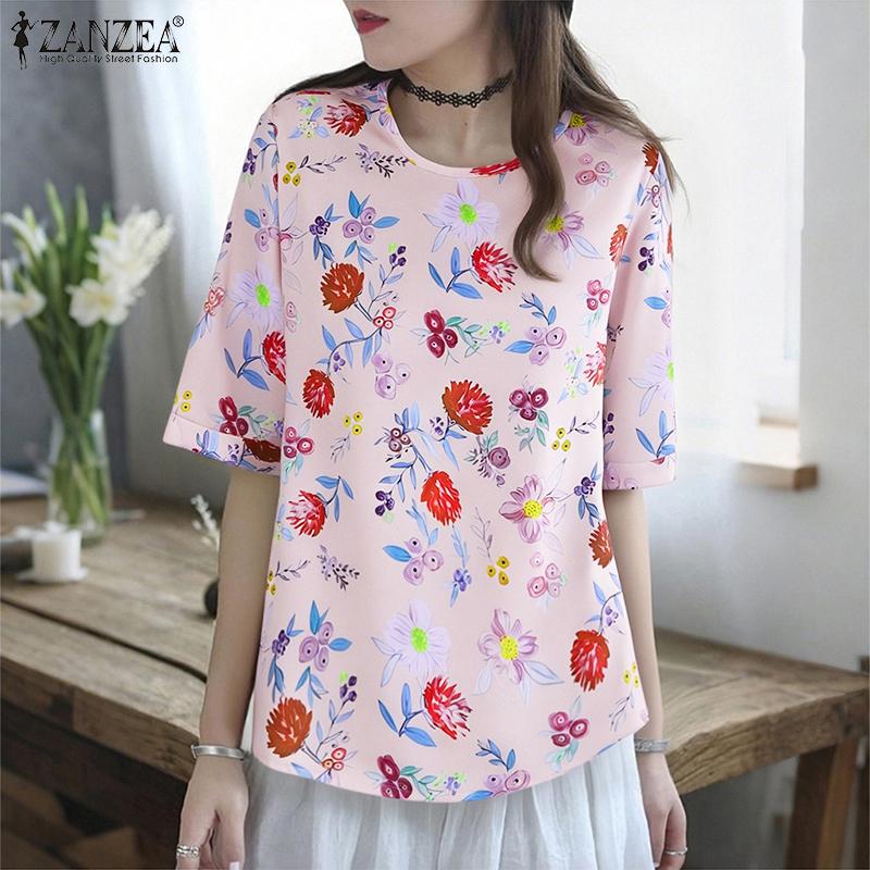 ZANZEA Women Casual Round Neck Summer Half Sleeve Floral Blouse