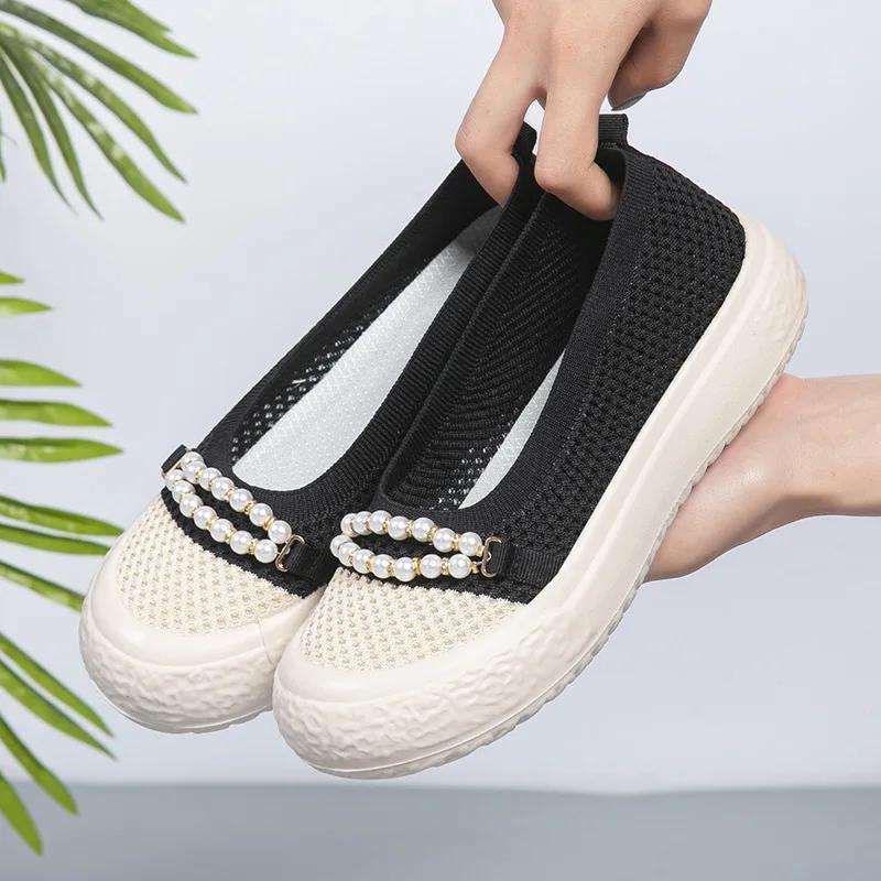 Fashion Women Mesh Shoes New Fashion Pearl Female Fisherman Shoes Breathable Thick Sole Women Footwear Shallow Casual Flats Mom Shoes