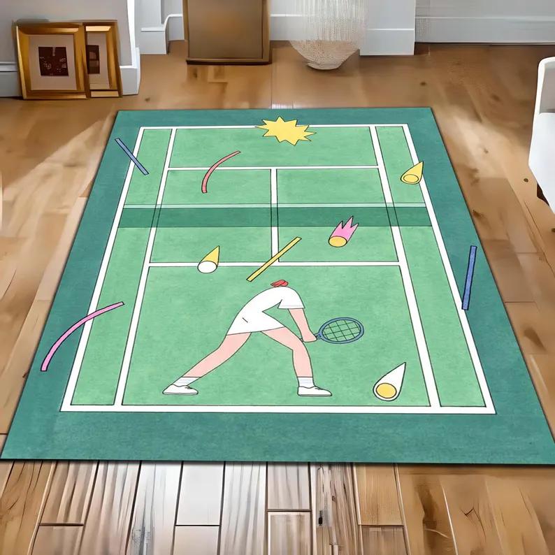 

Tennis Court Rug Realistic Sports Area Rug Game Room Living Room Bedroom Kitchen Home Decoration 2D Carpet 40X60CM