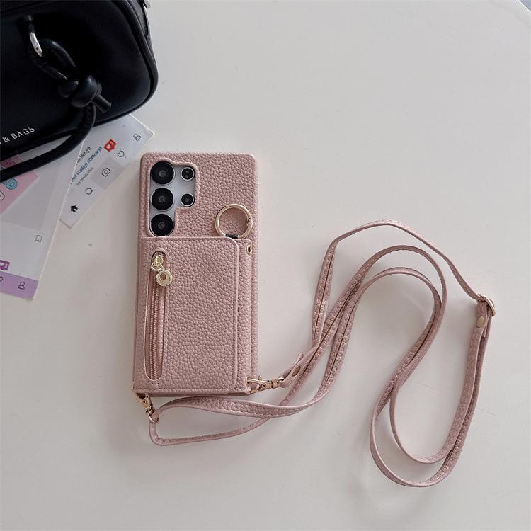 Applicable To Samsung S25Ultra Mobile Phone Case, Lychee Pattern Zipper Bag S25FE Messenger Card S24plus Protective Case