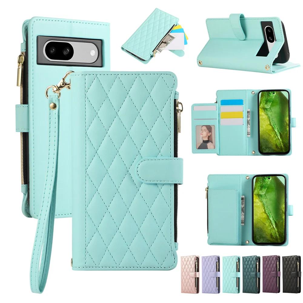 Luxury Crossbody Wrist Strap Zipper Leather Wallet Phone Case for Google Pixel 8 7 6 Pro 8A 7A 6A Magnetic Slot Card Bag Cover