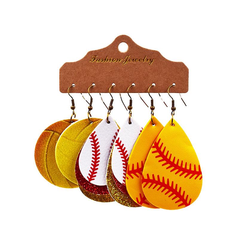 World Cup sports ball drop-shaped leather earrings, basketball, football, rugby, baseball earrings, multi-layered earrings, three pairs in one pack
