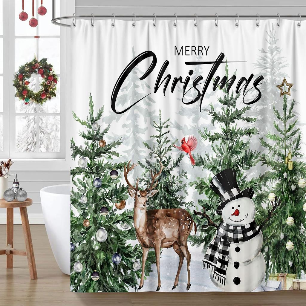 Farmhouse Christmas Forest Shower Curtain Set with Snowy Pine Tree Deer Cardinal Pattern, Rustic Winter Woodland  Bathroom Decor