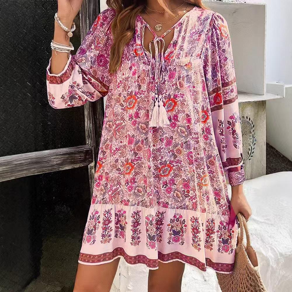 Women's Spring Summer Boho Vacation V-Neck Casual Dress