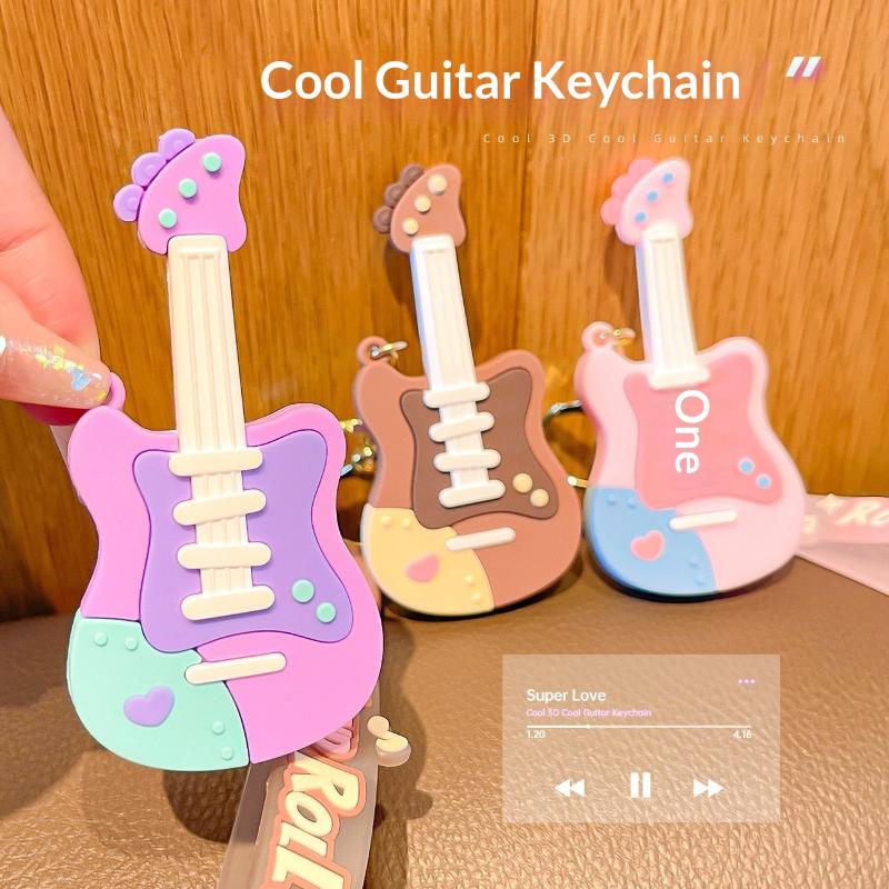 Cute Cartoon Guitar Shaped Silicone Keychain With Wrist Strap Pastel Design For Bag Decor Gifts For Music Lovers