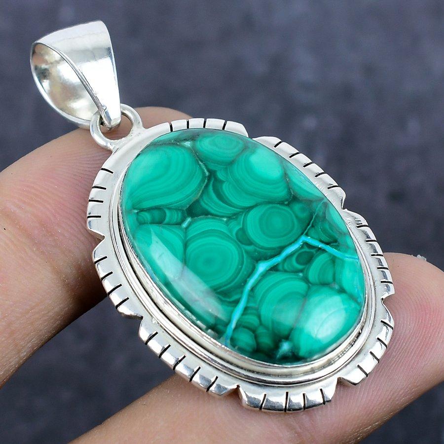 Natural Malachite Gemstone 925 Sterling Silver Jewelry Pendant 2.05" Q0Q33