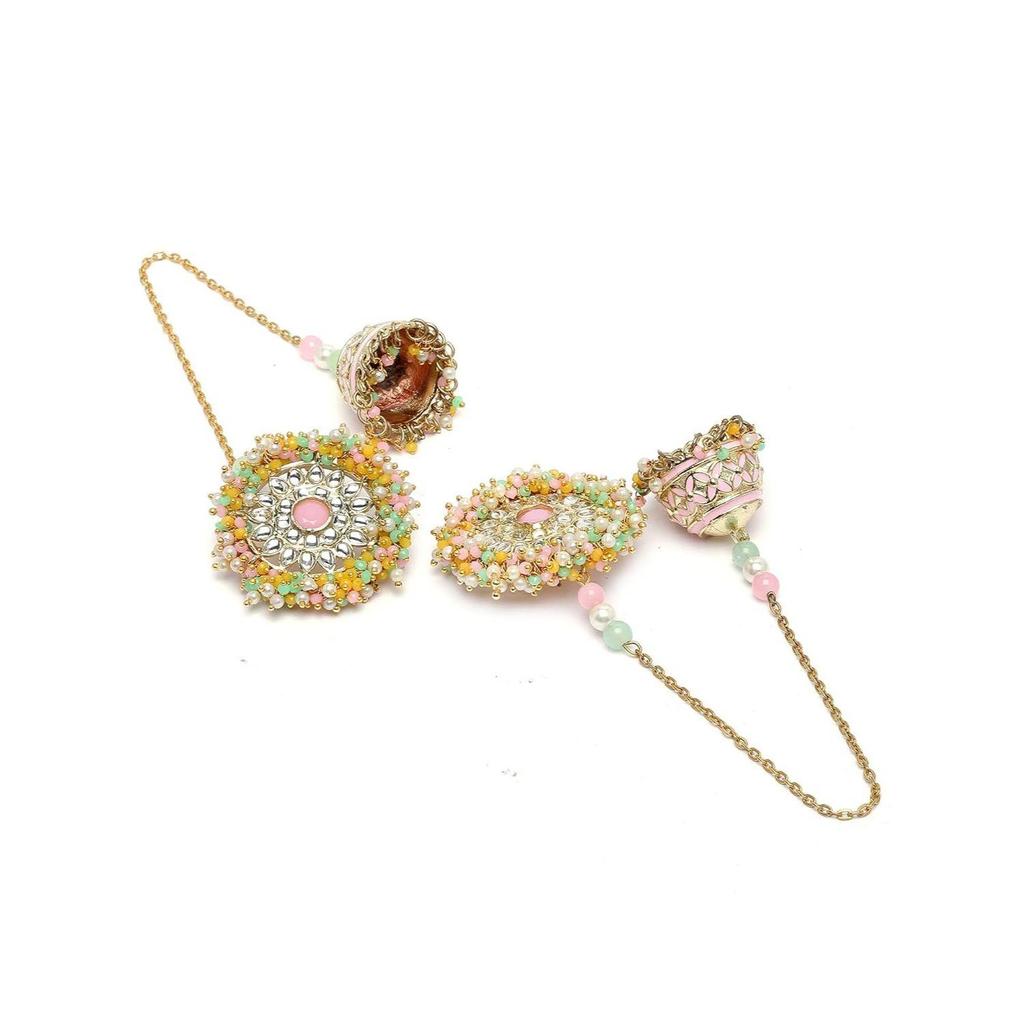 Multicolor Crystal Studded Kundan Kaanchain Jhumki Earrings