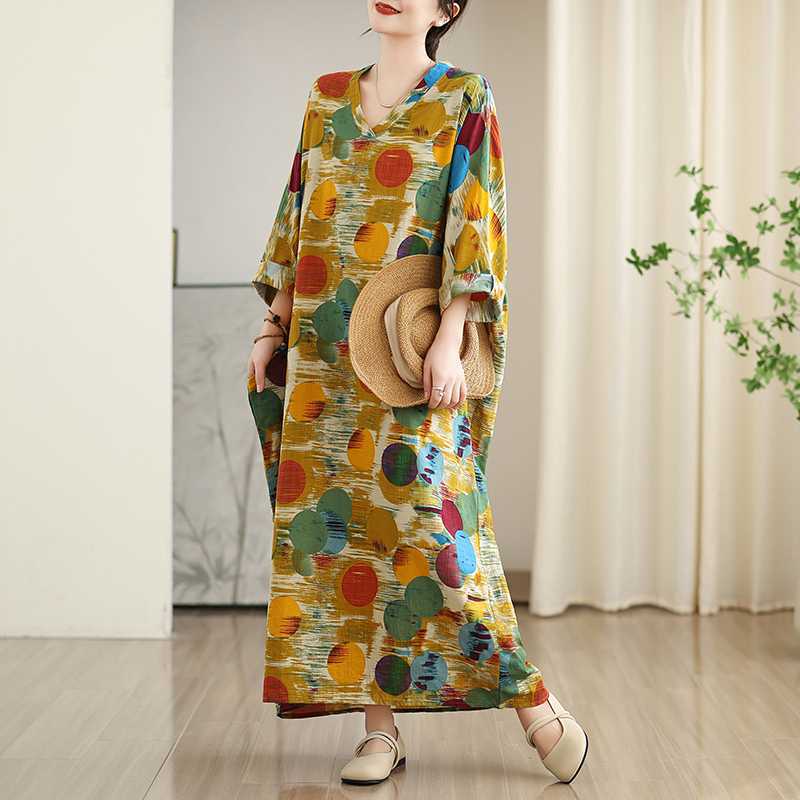 New Color Travel V-neck Retro Long Skirt Cotton Linen Dress