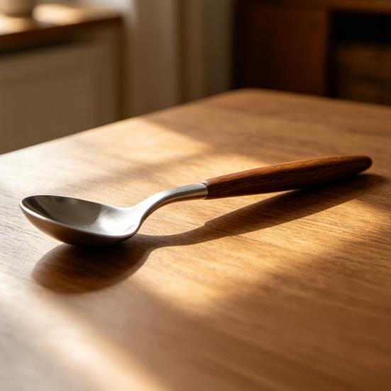 Kaffeskje i rustfritt stål med håndtak i trestruktur, Liten røreskje, Rustikk teskje for dessert og iskrem, Kjøkkenverktøy