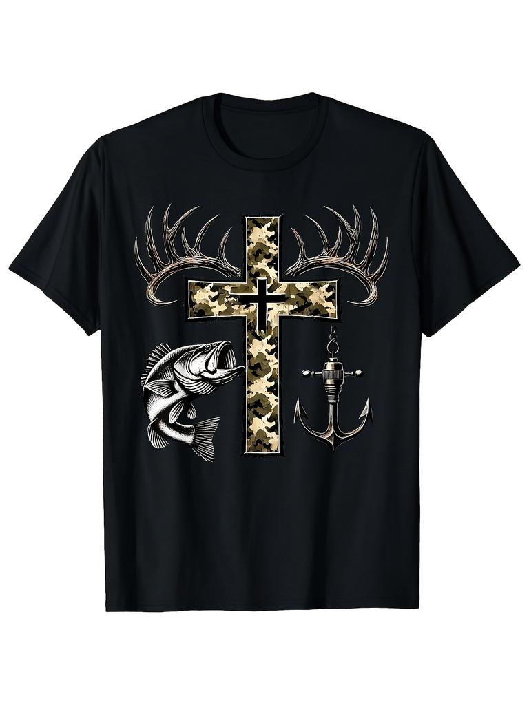 Men's Christian Faith Camo Hunting & Fishing Graphic TShirt Camouflage Cross Fish & Antler Design Soft Breathable Lightweight Retro Outdoor Unisex Cre