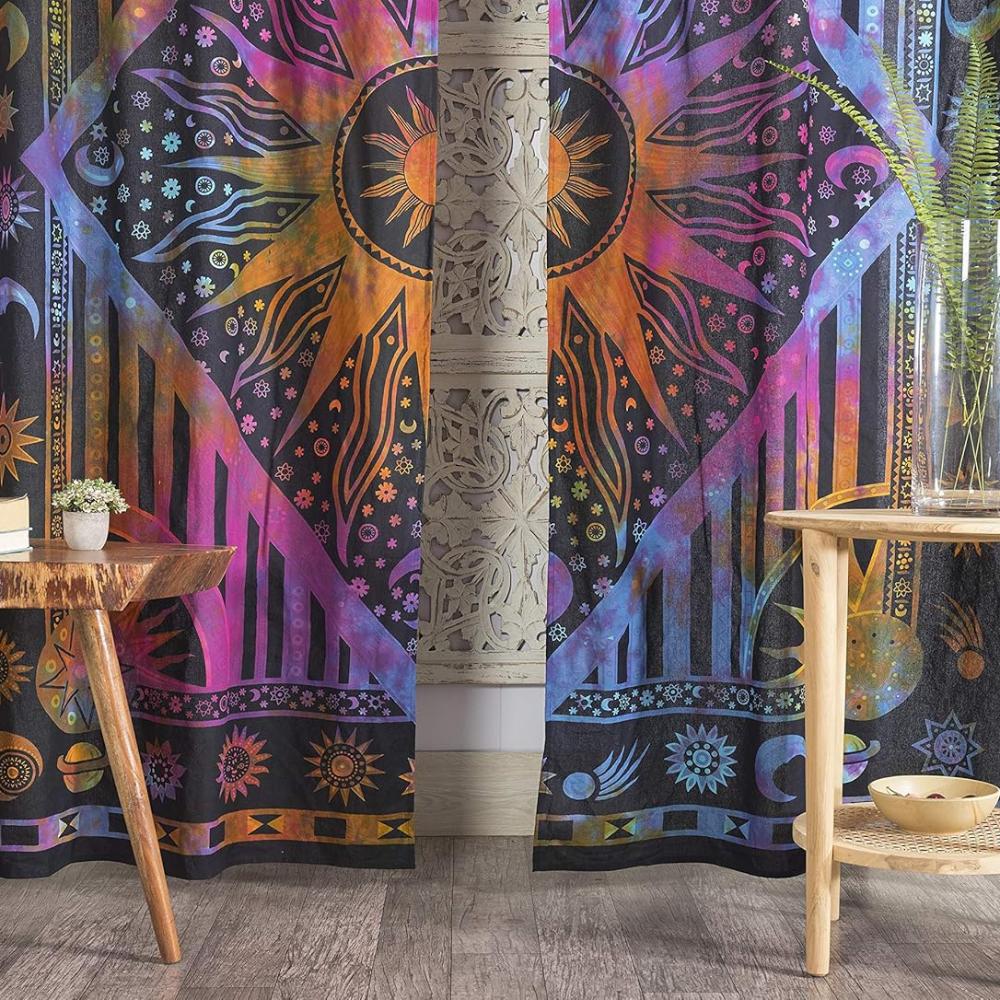 Bless International Beautiful Indian Bohemian Psychedelic Hippie Burning Sun Window Curtain Panels for Bedroom, Living, Balcony (Purple Tie Dye)