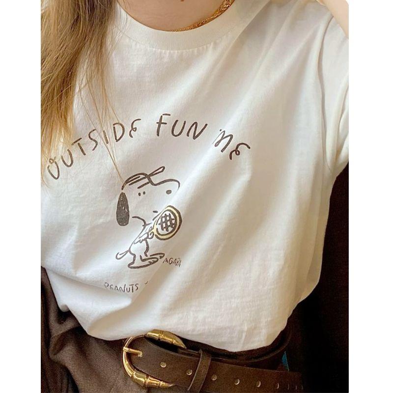 American Vintage Sports Style Snoopy Cartoon Print Cotton Round Neck Short Sleeve Shoulder T-shirt Women's Top