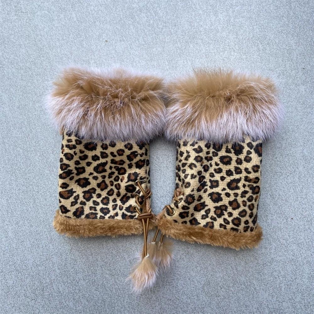 Thicken Warm Fingerless Mittens Suede Wrist Warmers Y2K Leopard Print Gloves  Women
