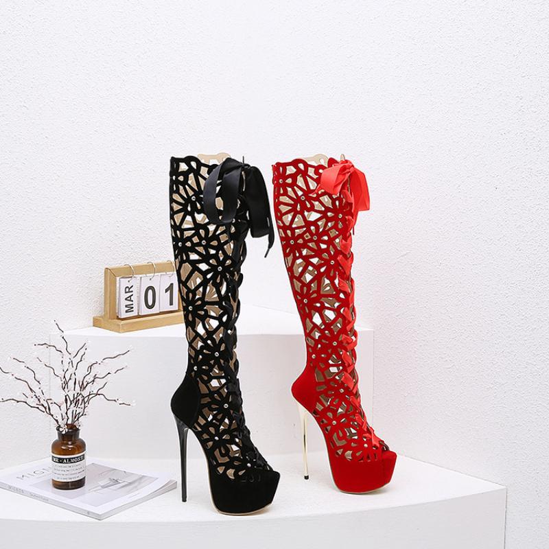 Sexy Club Hollow Over The Knee Cool Boots Lace Up Open Toe Roman 16 Cm Ultra High Heel Sandals Women's Platform Shoes