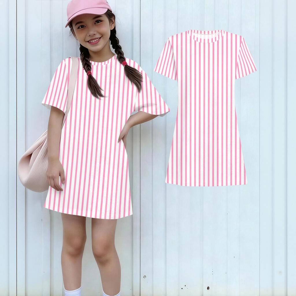 Girls Loose Fit Short Sleeve Dress Lightweight Casual Round Neck Striped Printed Dress for Kids Comfortable Summer Wear
