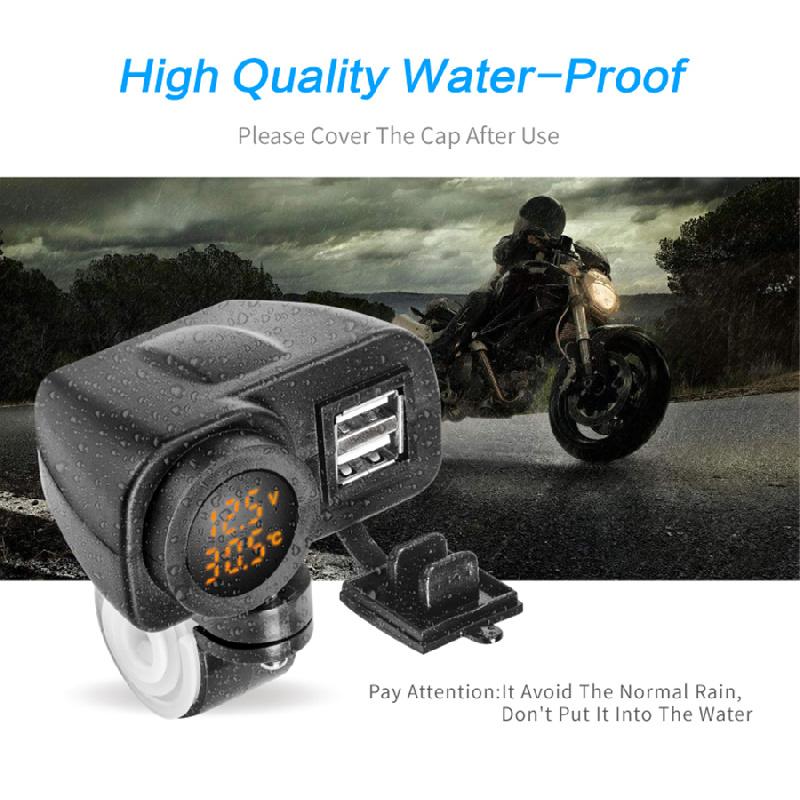 Motorcycle 12V 2Usb 2.1A+2.1A Charger W/Yellow Led Digital Voltmeter Thermometer