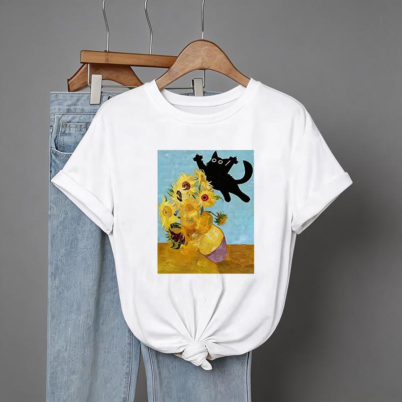 Vincent Van Gogh Cat Print T Shirt Women's Crew Neck Short Sleeve Tshirt Casual Y2k T-shirt Summer Graphic Tees Tops Clothes