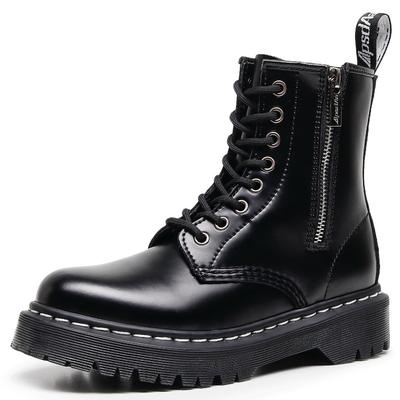 Medium and Thick Bottom Side Zipper  Open Edge Bead Martin Boots Women's Locomotive Short Boots, Men's White Line Round Head Tooling Shoes