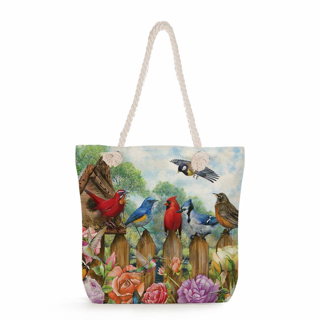 Flower Bird print thick rope single-shoulder beach bag 7272 CLE