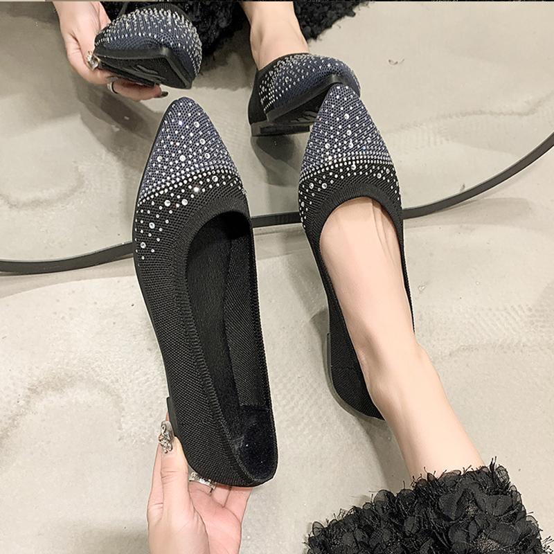 Fashion Fashion Point Toe Rhinestone Ballet Flats Woman Breathable Knitted Shallow Loafers Ladies Concise Slip-on Walking Shoes