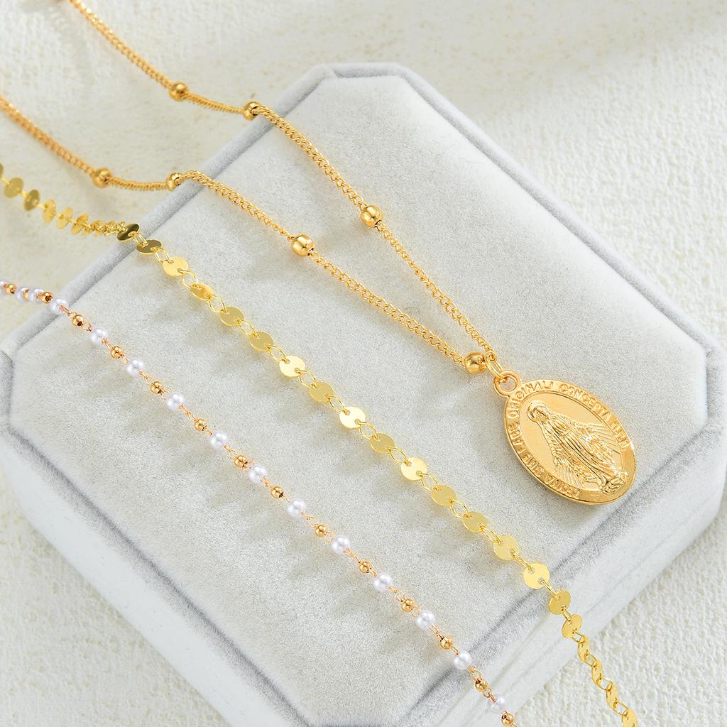 3 Pcs Minimalist Coin Pendant Necklace Set for Women Elegant Gold Color Jesus Print Design Multilayer Pearl Bead Chain Necklace