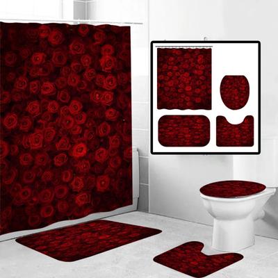 Valentijnsdag Bedrukte Douchegordijn Tapijt Vloermat Combinatie Badkamer Toilet Kussen Badkamergordijn Vierdelige Set
