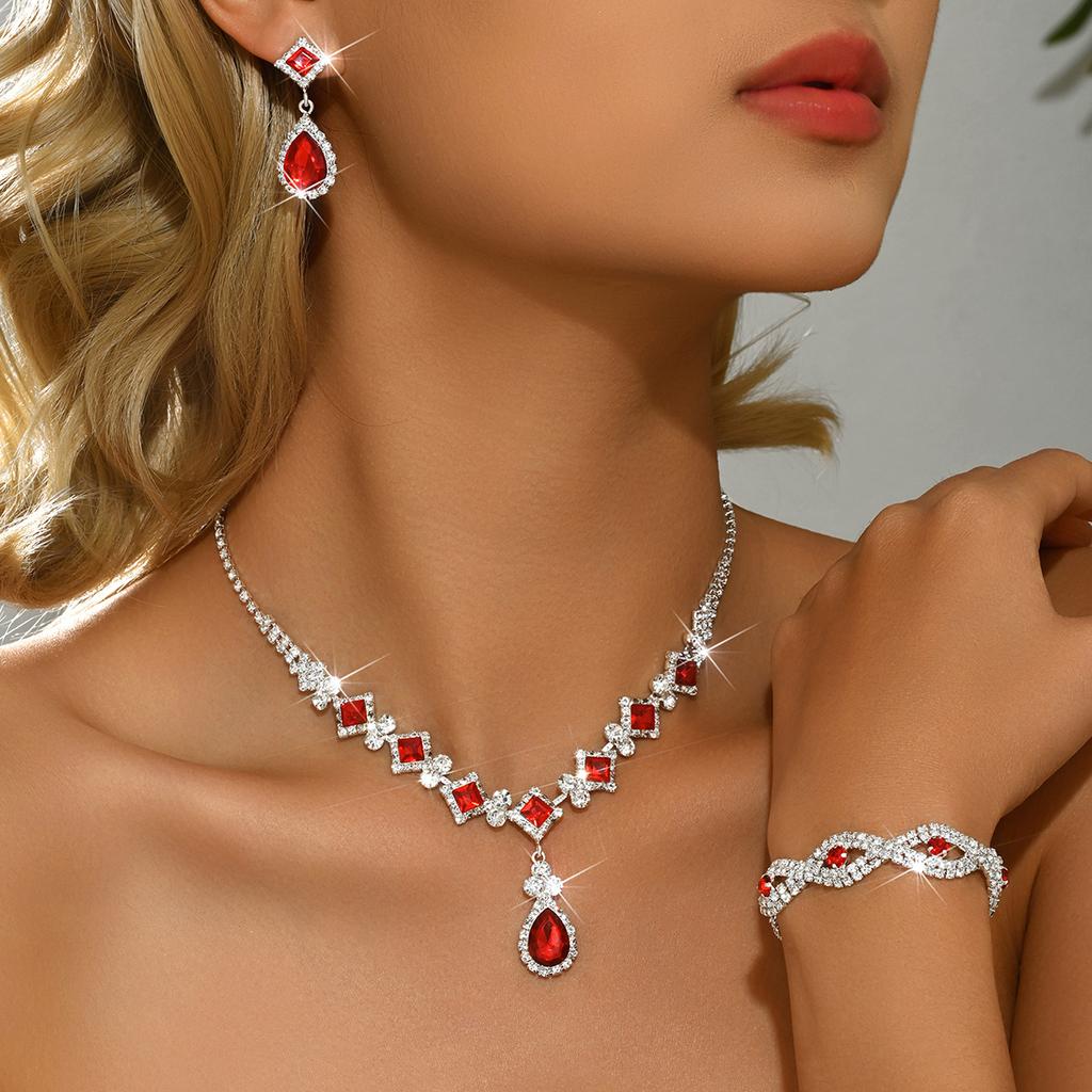 Bridal Wedding Waterdrop Color Diamond Necklace Earrings Bracelet Ring 4-piece Set Party Banquet Full Set Jewelry