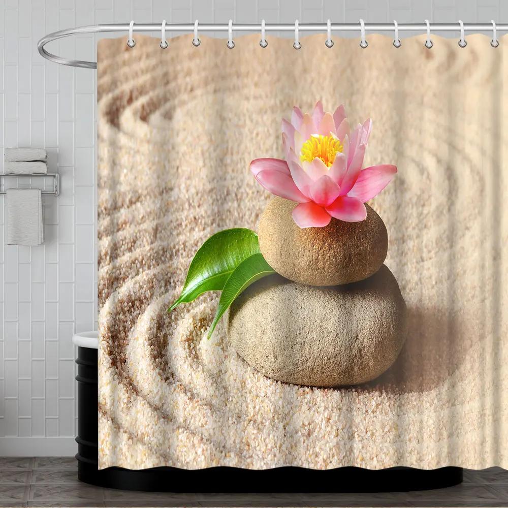 Tenda Doccia Zen da Spiaggia Fiore di Sedum Meditazione Paesaggio Zen Verde Tenda Doccia Impermeabile Set Decorazione Bagno Casa
