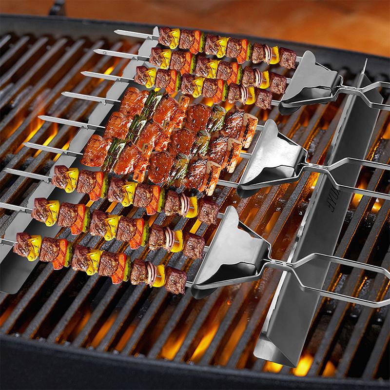2 Pcs Skewer Holder Anti-Slip Groove Stainless Steel Heavy Duty Long Bbq Tools Barbecue Grilling Shish Kabob Rack Outdoor Tools
