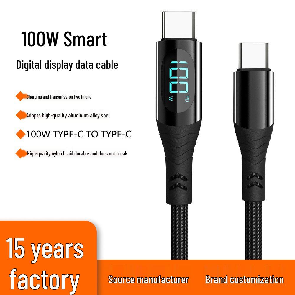 

100W PD27W Dual Type-C Fast Charge Cable with Intelligent Digital Display and Metal Braiding. C-C 60W Display