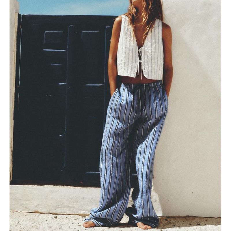 Spring New Wrinkle Effect Stripes Vest Style Tops 2010772 Pajamas Style Pants 4661410