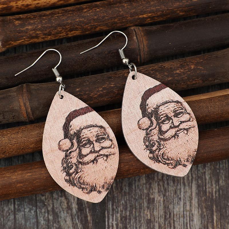Retro Geometric Santa Claus Wooden Christmas Earrings