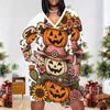 Women Plus Size V Neck Long Sleeve Fitted Halloween Sloth Pumpkin Printed Straight Hem Dress
