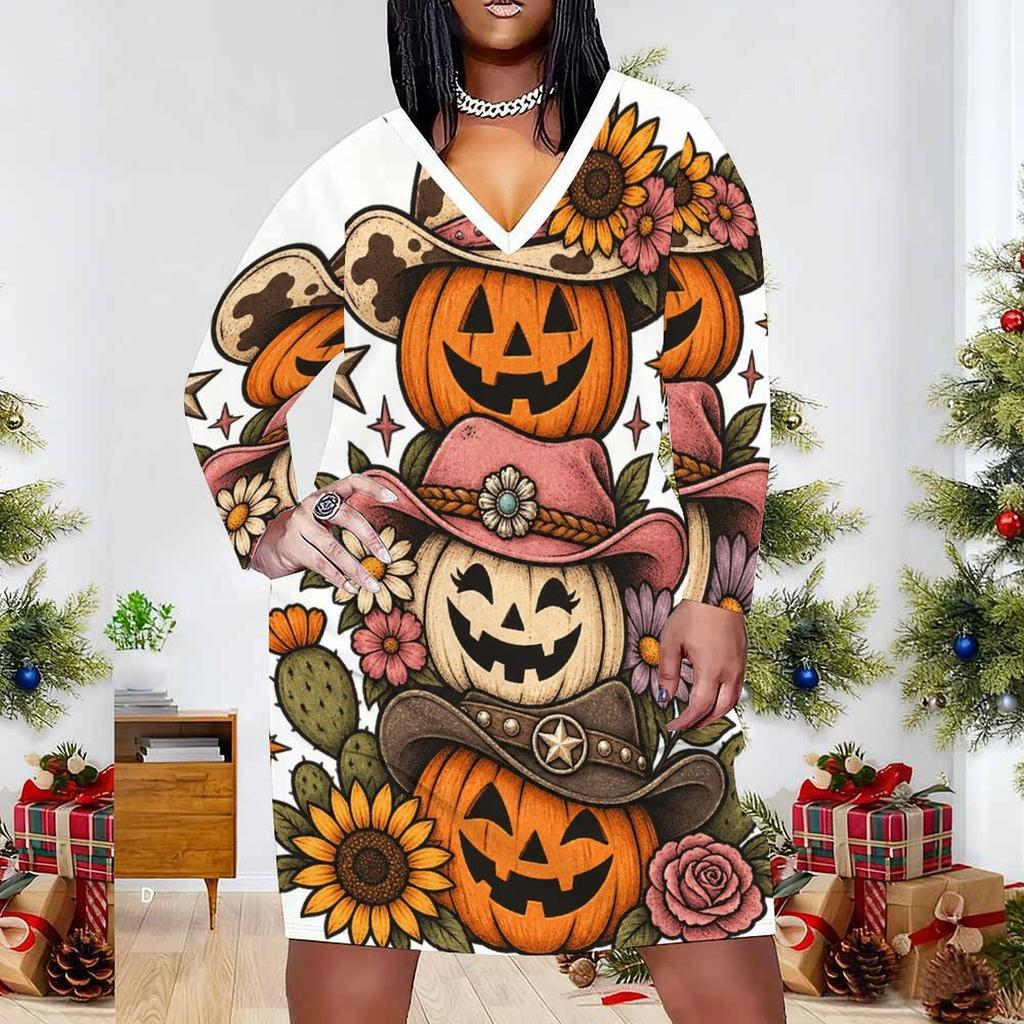 Women Plus Size V Neck Long Sleeve Fitted Halloween Sloth Pumpkin Printed Straight Hem Dress