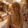 Travel Vacation Headwear Hand Crocheted Sunflower Baseball Cap, Bohemian Tassel Bell Hat, Handmade Knit Cutout Floral Unique Sun Hat Beanie