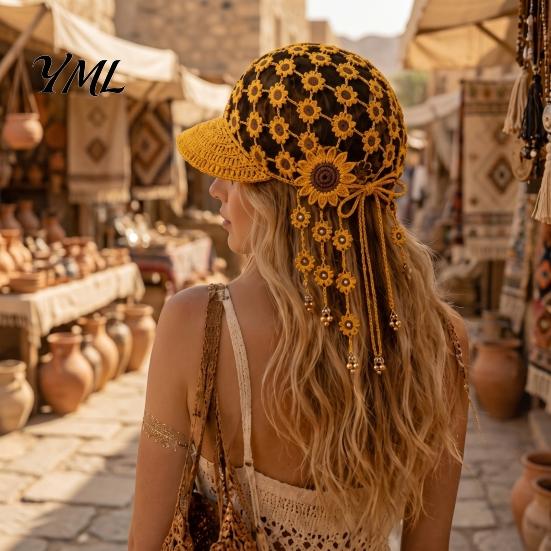 Travel Vacation Headwear Hand Crocheted Sunflower Baseball Cap, Bohemian Tassel Bell Hat, Handmade Knit Cutout Floral Unique Sun Hat Beanie