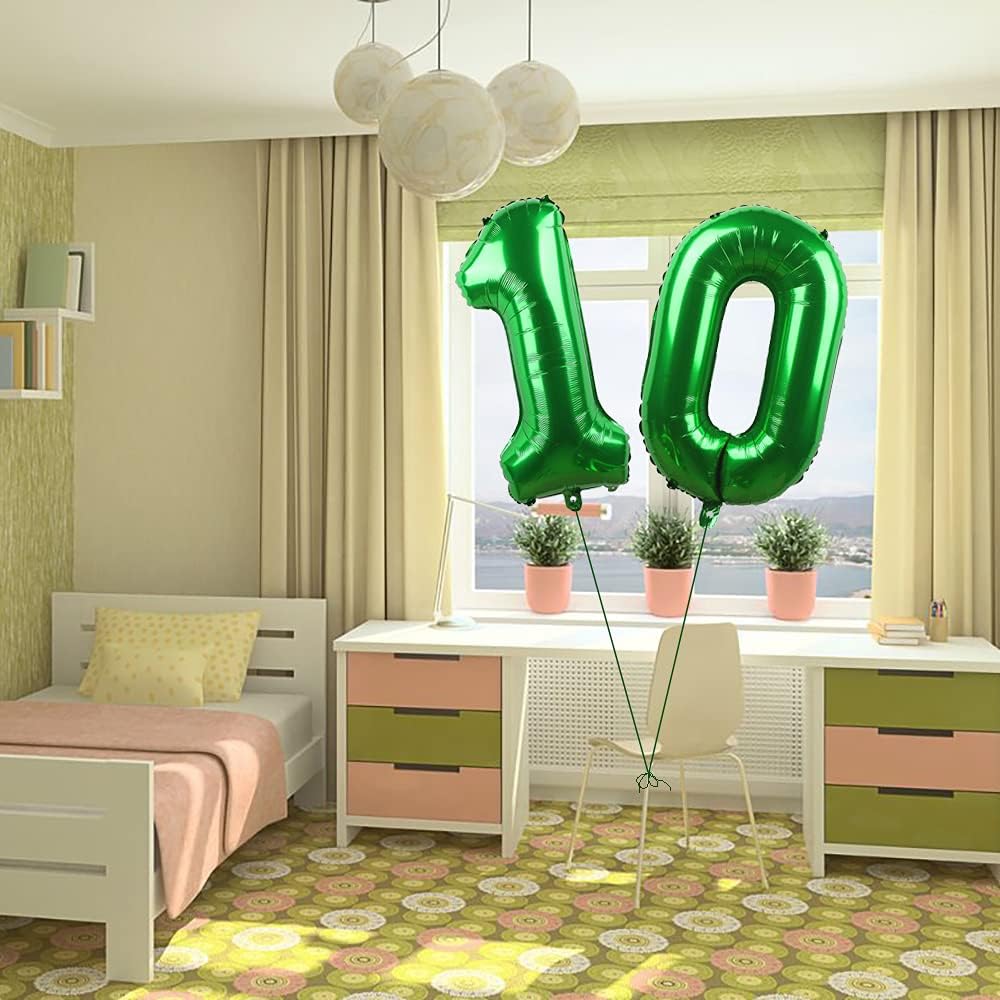 Green 10 Number Balloons Giant Jumbo Number 10 32" Helium Balloon Hanging Balloon Foil Mylar Balloons for Boys Girls 10th Birthday Party Supplies 10