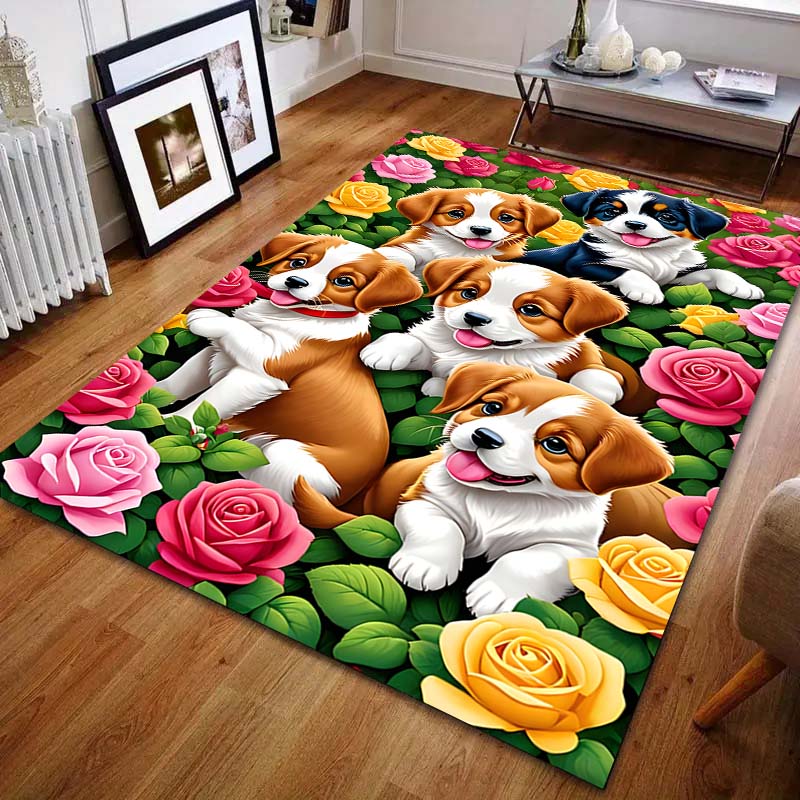 Et teppe med mønster av valper og blomster for stue, soverom, sengekanten, sofaen, bordet, gulvmatte, hjemmeområdeteppe, dekor