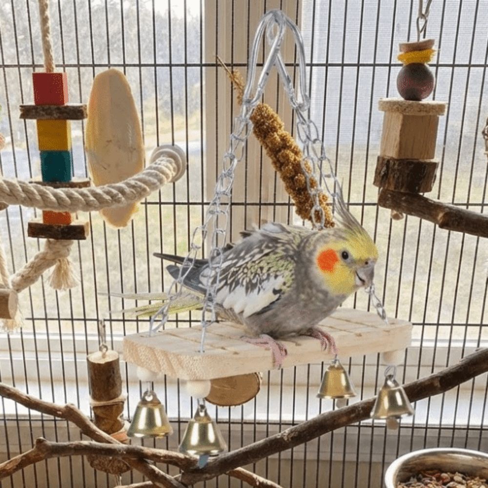 Wooden Bird Hanging Swing with Hook Bird Toy Hammock Parrot Swing Toy Small Pet Entertainment